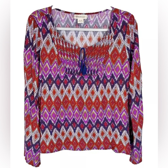 Ariat Tops - Ariat Peasant Top Womens XL Pink Red Bell Sleeve Blouse Tassle Chevron Western